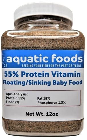 Aquatic Foods Inc. 55% Protein Vitamin Rich Micro Floating/Slow Sinking Baby & Fry Food for Cichlids, Community Fish, Baby Koi & Pond Fish, All Aquarium Tropical Fish...12oz Jar