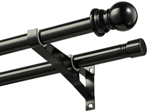 Heavy Duty Double Curtain Rod 72-144”, Snap-on Brackets, 1 inch Black