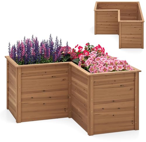 HOMASIS Jardinière surélevée en bois en forme de L - Jardinière avec fond ouvert - Jardinière pour jardin, balcon, terrasse, potager, parterre de fleurs pour légumes, herbes, fruits (marron)