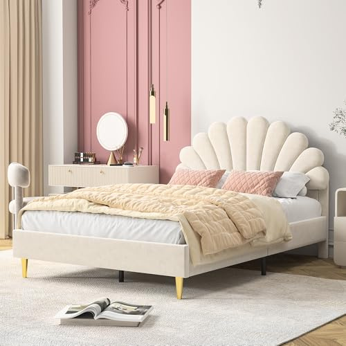 MIOOSUT Lit pour Enfant Rembourré 140 X 200, Cadre de lit Double, Cadre de Lit avec Tête de Lit en Forme de Fleur, Velours, pour Enfants, Adolescents, Adultes, sans Matelas (Beige, 140 * 200)