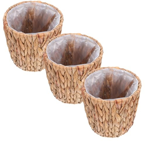 Grugoods Set di 3 cestini per piante in paglia di giacinto d'acqua naturale, decorativi per piante, per interni o esterni (misura media)