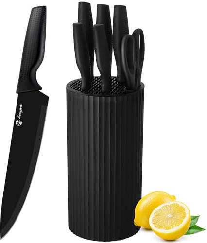 micocali Knife Set, Sharp Stainless Steel Kitchen Knife Set,6 Piece Kitchen Knives with Block.Non-Stick Black Marble Coating.