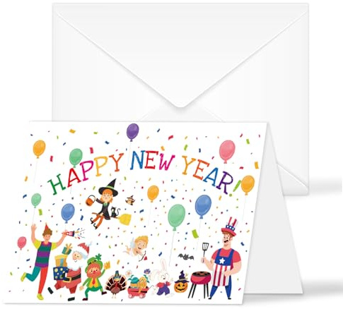 YQUQWN 2026 New Year Cards 12 Pcs New Year Cards Holiday-themed designs for Rabbit Witch Santa Claus Etc 2026 New Year’s celebration Envelopes Blessings for Friends and Family