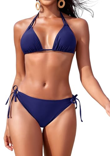 Svanco Maillot de Bain Femme 2 Pièces Bikini Triangle - Port en Collier, Dos Nu et Slip Réglable