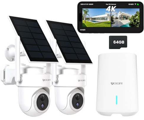 UCOCARE Telecamera Wi-fi Esterno Senza Fili Solare, 4K Videosorveglianza Esterno Sistema di Sicurezza Domestica,Kit 2 Cam con Unità Base, Copertura Wi-Fi 300 m, 64 GB Integrati, Wi-Fi 5G e 2,4G