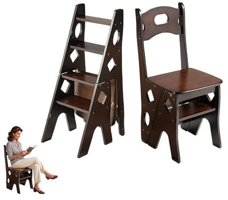 MGOTWQZ Wooden Library Ladder Chair, Step Stool Chair Foldable, Step Ladder 4 Step Folding, Ideal for Home,Library and Kitchen, Works as Flower Stand，Storage Rack. Multi Purpose Purniture