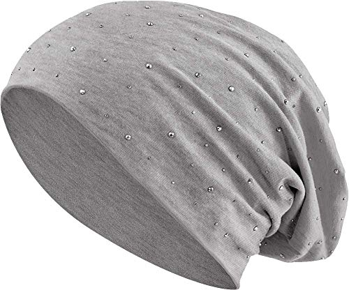 Jersey Baumwolle elastisches Long Slouch Beanie Unisex Herren Damen mit Strass Stern Steinen Mütze Heather in 35 (7) (Heather Grey)