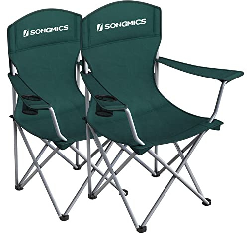 SONGMICS Chaise Pliante Camping, Lot de 2, Chaise de PÊche ExtÉrieur, Dossier Haut, Accoudoir, Porte-gobelet, Portable, CapacitÉ 150 kg, Camping, Jardin, PÊche, Terrasse, Vert FoncÉ GCB08GN