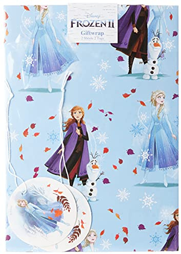 UK Greetings Disney Frozen - Papel de regalo para cumpleaños, niñas, 2 hojas y 2 etiquetas, diseño de dibujos animados con Anna, Elsa y Olaf