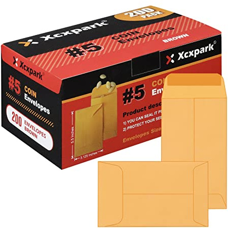 Xxcxpark 200PCS #5 Coin Envelopes 3.125x5.5 inches Brown Kraft Envelopes Classic Small Parts Gummed Flap for Coins, Cash, Credit Cards, Seeds
