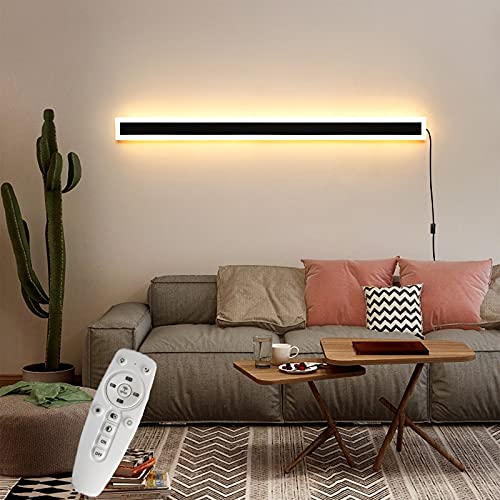 Innen Dimmbar Wandleuchte mit Fernbedienung, LED Streifen Up Down Wandlampe mit Schalter und Stecker, Schwarz Aluminium Wandbeleuchtung Wohnzimmer Schlafzimmer Treppe Lang Wandspot Lampe,150cm 84w