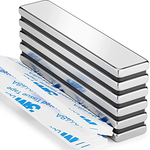 Grtard 6 Pack Strong Magnet, Bar Magnets, Neodymium Magnetic Bar, 60 x 10 x 3 mm Strong Flat Rare Earth Magnets, Powerful Whiteboard Magnet Strips with 6 Pcs Double-sided Adhesive for Multi-Use