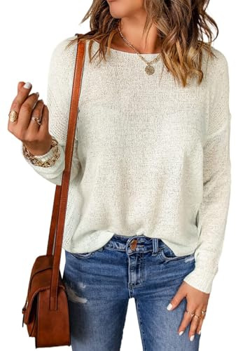 Acelitt Womens Casual Summer Long Sleeve Crew Neck Lightweight Oversized Fashion 2025 Crochet Knit Pullover Sweater White Small