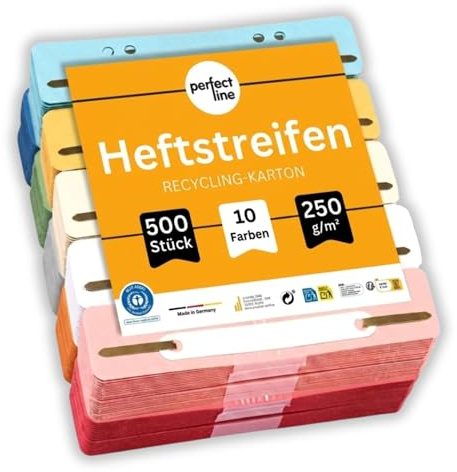 perfect line – 500 häftremsor, kartong, dokumentdulli tillverkade av återvunnen kartong, 10 färger, arkivremsor – tillverkade i Tyskland, häftflaskor, blå ängel certifierad