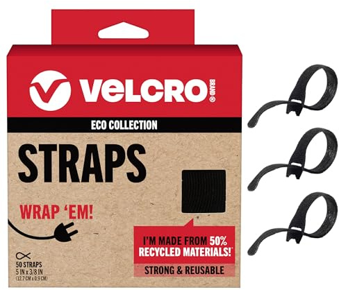 VELCRO Brand ECO Collection | 5 Inch Small Straps for Cords | Reusable Cable Ties | 3/8 Wide, Black, 50 Pack