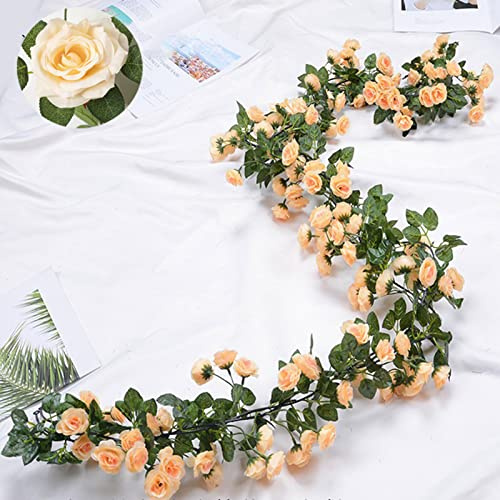Grekywin Lot de 2 guirlandes de roses artificielles en soie à suspendre, fleurs fausses champagne pour décoration murale, jardin, auditorium, mariage et fête (180 cm)