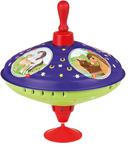 Lena 52226 - Brummkreisel Pferdetraum Ø 19 cm, Metall Schwungkreisel aus Blech, klassischer Pumpkreisel, Blechkreisel mit Pferde Motiv, Kreisel mit Standfuß, für Kinder ab 18 Monate