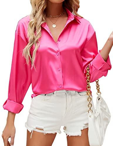HANERDUN Women Top Blouse Top UK for Women UK Silk Shirt Ladies Tops V Neck Long Sleeve Casual Work Blouse Tops with Pocket Rose