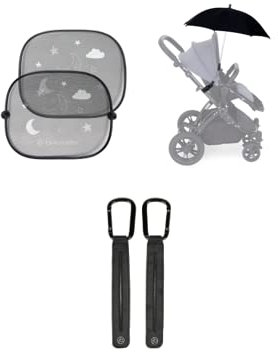 Ickle Bubba Summer Accessory Bundle – Pram Clips, Adjustable Parasol & Car Sunshades – Stylish Black Accessories for Strollers, Perfect for Sunny Days & UV Protection