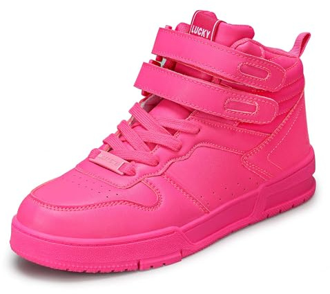 LUCKY STEP Women's High Top Fashion Sneakers Basketball Ankle Boots Walking Tennis Shoes Platform Hook and Loop Casual Faux Leather Sneaker(Hot Pink,8B(M) US)