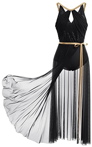 FYMNSI Robe de danse lyrique pour femmes - Robe de ballet sans manches avec paillettes et jersey avec jupe drapée - Costumes de danse moderne et contemporaine pour la scène, Noir , M