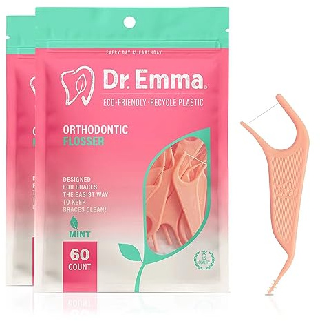 Dr. Emma Orthodontic Flossers for Braces, Ortho Dental Floss Picks, Mint Flavor 60 Count/Bag (Pink, 2pack)