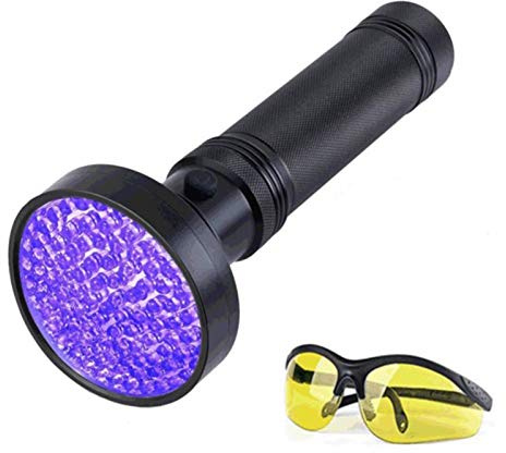 Jemora UV ficklampa husdjur urindetektor svart ljus 100 LED 395 NM svart ljus med UV solglasögon handhållen detektor för hund katt torr säng bugg skorpion valuta detektiv