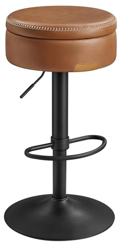 VASAGLE EKHO Collection Taburete de Bar Giratorio de 360°, Regulable en Altura con Almacenamiento, Piel sintética con Costura, Moderna de Mediados de Siglo, Montaje fácil, marrón Caramelo