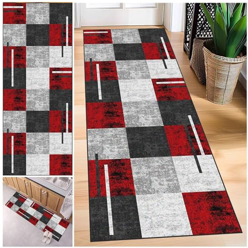 Fjhaeuo Teppich Läufer für Küche, Flur & Wohnraum 80 x 250 cm Küchenläufer Modern Geometrische Muster Teppichläufer Kurzflor, Weich Flurteppich für Vorzimmer Eingangsbereich Schlafzimmer Korridor