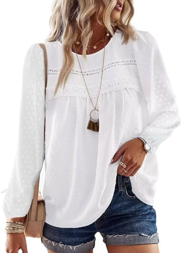 Falechay Womens Summer Blouses Crew Neck Lace Hem Basic Tee Shirts Flowy Long Sleeve Chiffon Blouses Clothing for Women White L