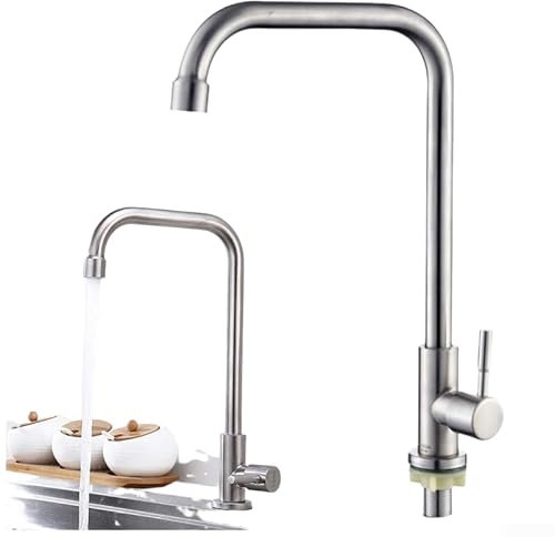 Entgoinggo Robinet d'évier en acier inoxydable 304, robinet mélangeur chaud froid en acier inoxydable à poignée unique, robinet d'évier d'eau froide robinet d'eau monté sur le pont