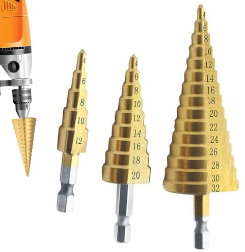 3 Pcs Large HSS Steel Step Cone Drill Titanium Coated Set – Steel Drill Bits for Metal, Wood, Plastic, and More