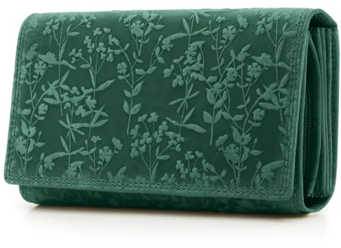 ekavale Portemonnee für Damen mit Blüten Muster RFID-Schutz, Leder Geldbörse Langformat mit Druckknopf (Petrol)