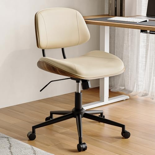 BERYTH Armless Office Chair with Wheels, PU Leather Desk Chair, Beige
