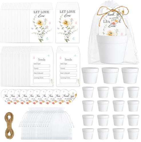 50 Sets Wedding Favors for Guests Bulk Include Let Love Grow Seed Packets White Flowerpot Thank You Tags Organza Gift Bags Hemp Ropes for Bridal Shower Wedding Party Favors Seed Envelopes(Flower)