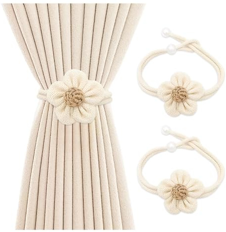 HMCEY 2 Piezas Alzapaños Cortinas Cuerda,Abrazaderas Cortinas Flores,Sujeta Cortina Ajustables,Recoge Cortina Decorativas,Algodón Corbata de Cortinaes Bohemio,Holdbacks Curtain Tiebacks-Beige