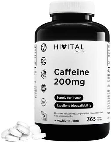 Caffeina Anidra Pura 200 mg. 365 compresse vegane per un trattamento di 1 anno. Caffeina pura ad azione rapida e prolungata. Dose ottimale. Prodotto in Europa da HIVITAL