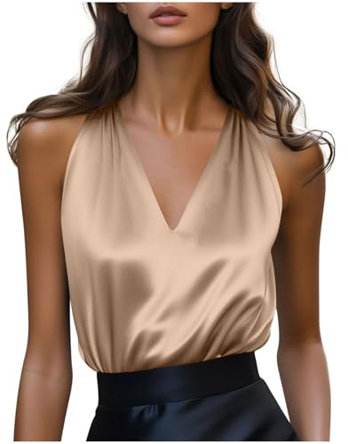 Caraco Satin Femme Debardeur de Soie Débardeur Grande Taille Camisole Sexy Crop Top Été Gilets sans Manches Chemisier Chic et Élégant Blouse Col V Chemise de Fête Hauts Casual Tops Mode Vêtements
