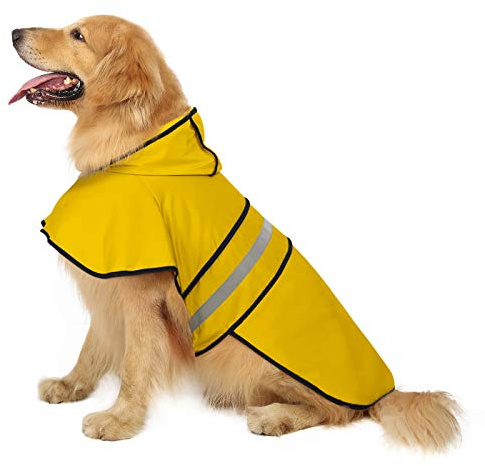 HDE Dog Raincoat Jacket Reflective Adjustable Hooded Pet Poncho Rain Coat with Leash Hole for Small to X-Large Dogs Yellow - L