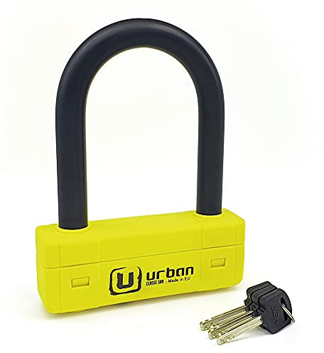 URBAN UR85120Y Candado Moto U Alta Seguridad Homologado SRA, Horquilla ø18 Acero Endurecido Doble Bloqueo Antirayones, Llamativa Carcasa, U lock Antirrobo 85x120mm para Motocicleta, Scooter Patinete