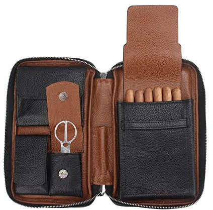 FIREDOG Estuche humidor de Puros, de Piel auténtica, Bolsa portátil de Viaje para cigarros (Capacidad para 5-6 Puros, Negro)