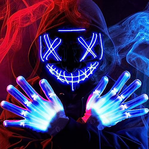 JOYIN Halloween Led Mask, Light Up Mask and Gloves for Cosplay Costume (Blue), 3 Modes Scary Glow in The Dark Masks for Boys Girls Halloween Party Dress Up Accessories, Gifts Giving