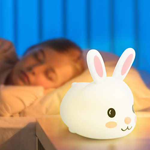 Kidoola Bunny Night Light - Bedroom Nightlight Lamp for Baby, Kids, 6 Colour Touch Change LED, BPA Free Kawaii Silicone Rabbit with Rechargeable Battery,Cute Nursery Decor & Night time Sleep Accessory
