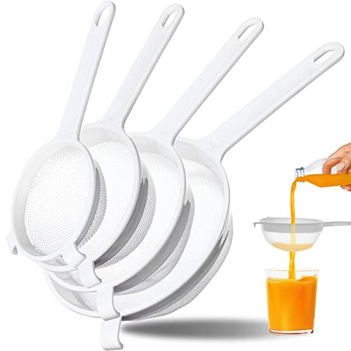 4 Pcs Plastic Nylon Mesh Strainers for Kitchen with Handle Double Ear Nylon Mesh Colander Yogurt Milk Filter Juices Strainer for Filtering Coffee Juice Kefir Milk Tea (3 Inch, 5 Inch, 6 Inch, 7 Inch)