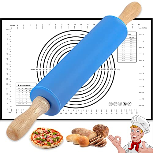 Rolling Pin with Baking Mat, 17 inch Stainless Steel Revolving Silicone Rolling Pins for Baking with Silicone Mat & Wooden Handle, Blue Large Dough Roller Non-Stick for Pizza, Pasta, Cookie, Pie Crus