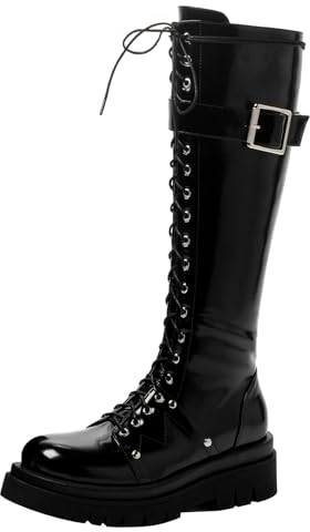 Etebella Damen Knee High Combat Boots Gothic Lack Kniehohe Stiefel zum Schnüren Flache Kniehoch Stiefel Punk Schuhe(Schwarz,37)