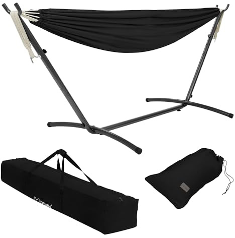 ML-Design Doppel Hängematte mit Stahlgestell, Schwarz, Platz für 2 Personen, Indoor & Outdoor, XXL Hängesessel mit Tragetasche, Hängemattengestell, Doppelhängematte mit Ständer, für Garten & Balkon