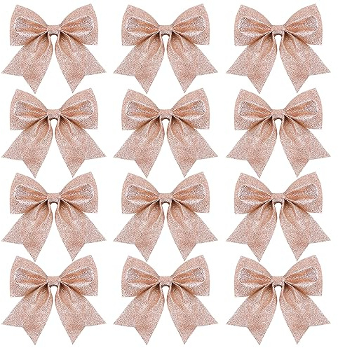 SULOLI 12 Pezzi Fiocchi Natalizi Glitterati,Fiocchi per Albero di Natale,Nastro Fiocchetti Paillettes per Decorazione Natalizia Regalo per Festa(Oro Rosa)