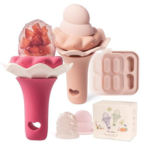 Moonkie Fruchtsauger Baby mit Gefrierschrank Tablett, BPA-Frei Silikon Fruchtschnuller mit Zwei Größen Beutel, 4 Monate+ Zahnungshilfe, Geschenk zur Babyparty, 2 Stück(Rosa Zitronenlimonade/Gedämpft)