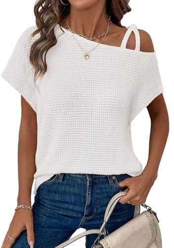 Sthxyfaith Womens Summer Off The Shoulder Tops for Women Waffle Knit Short Sleeve T-Shirts Casual Loose Elegant Cross Straps Lightweight Soft Solid Color Blouses Cute Trendy Fashion